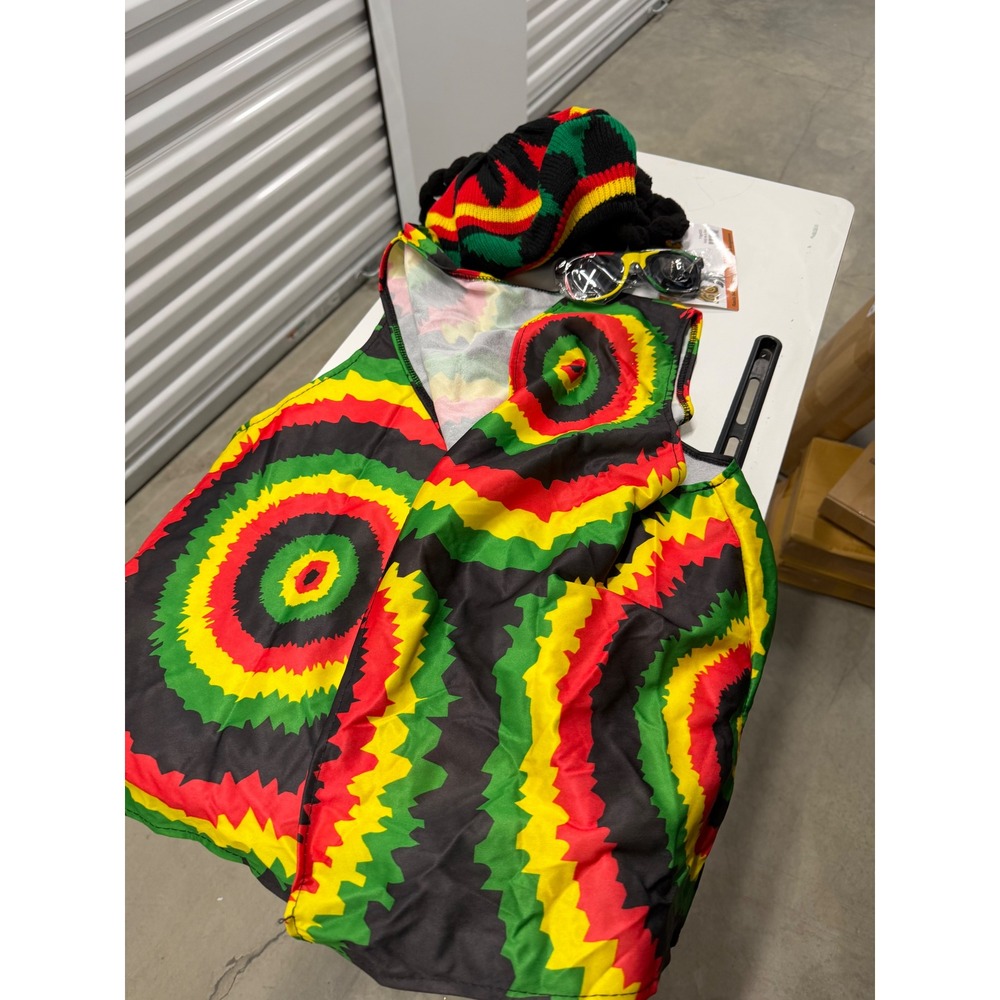 Tigerdoe Rasta Costume Set Vest Hat with Dreadlocks and Sunglasses Red Yellow
